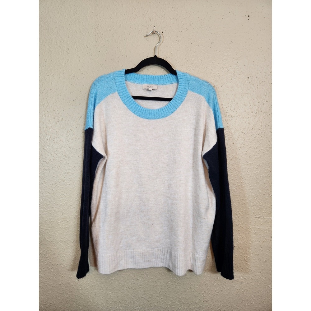 Loft Women L Cream Blue Colorblock Crew‎ Neck Long Sleeve Knit Sweater Cozy
